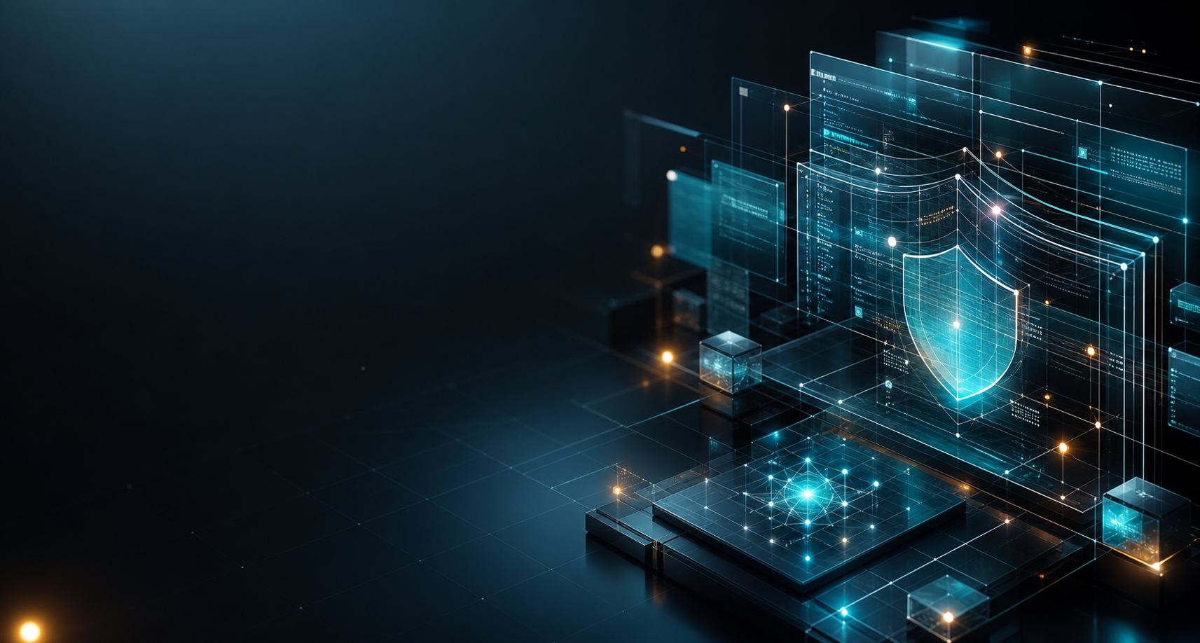 Abstract web architecture with glowing interface panels and connected systems